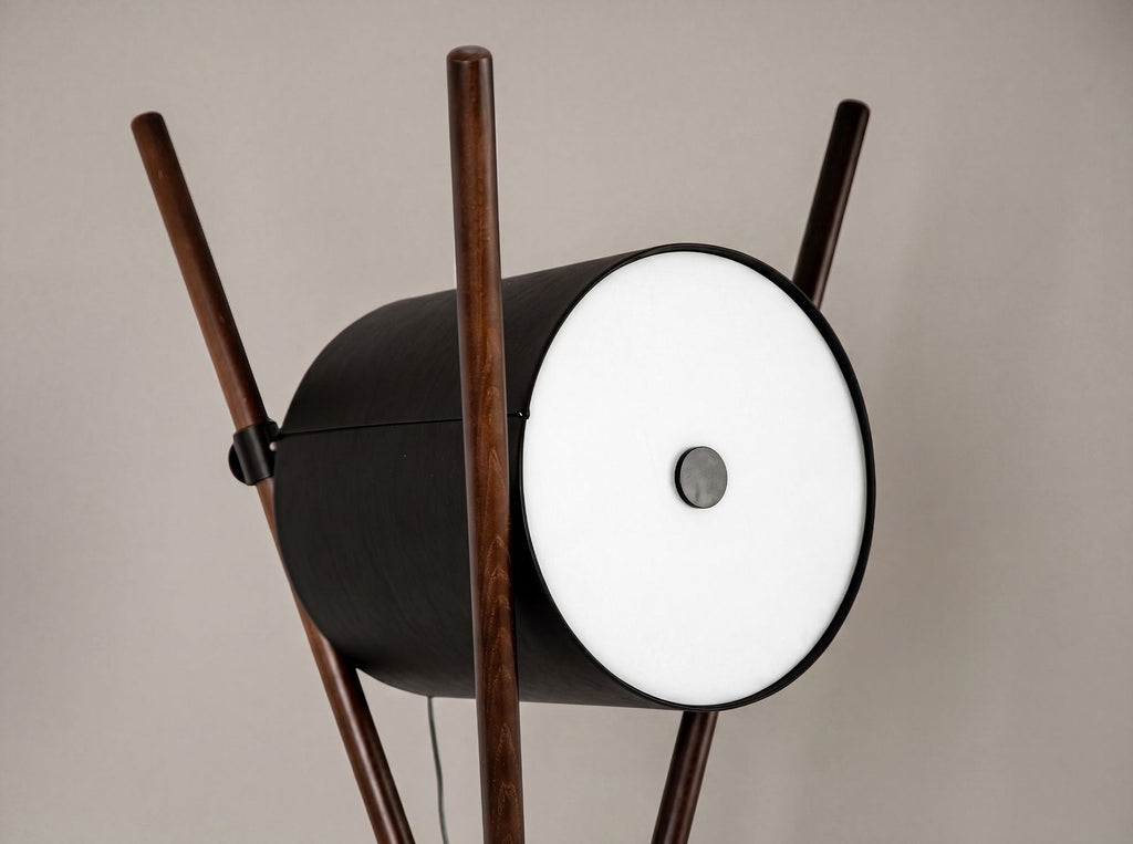 Black faux leather and dark walnut wooden floor lamp