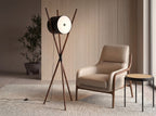 Black faux leather and dark walnut wooden floor lamp
