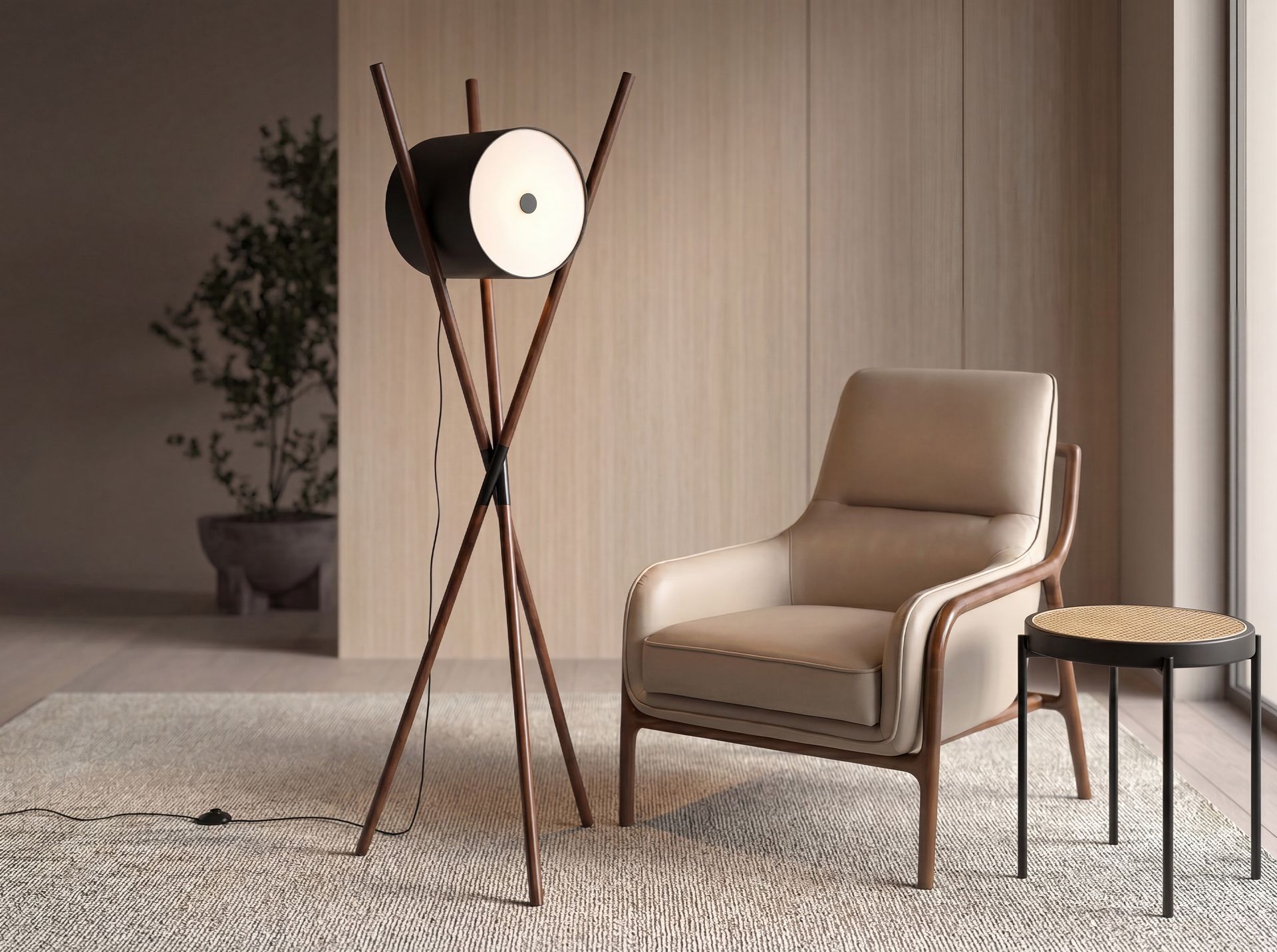 Black faux leather and dark walnut wooden floor lamp
