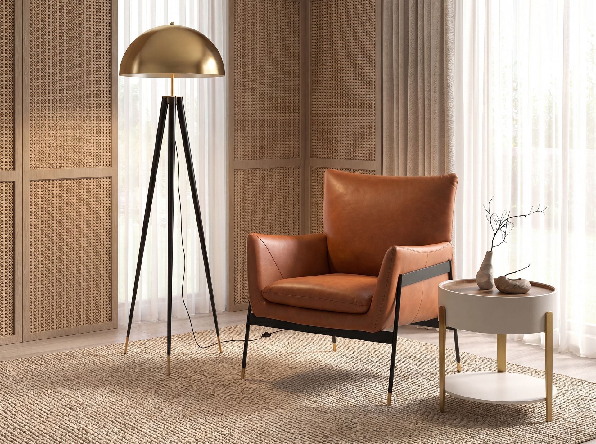 Floor lamp in polished golden steel and black steel