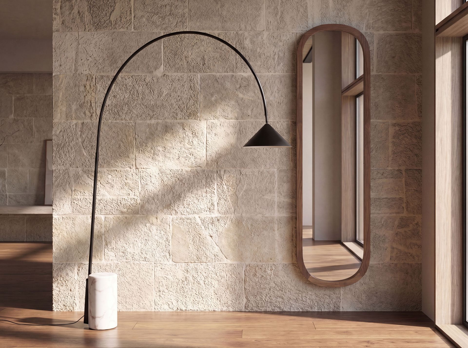 Floor lamp in black steel with porcelain marble base