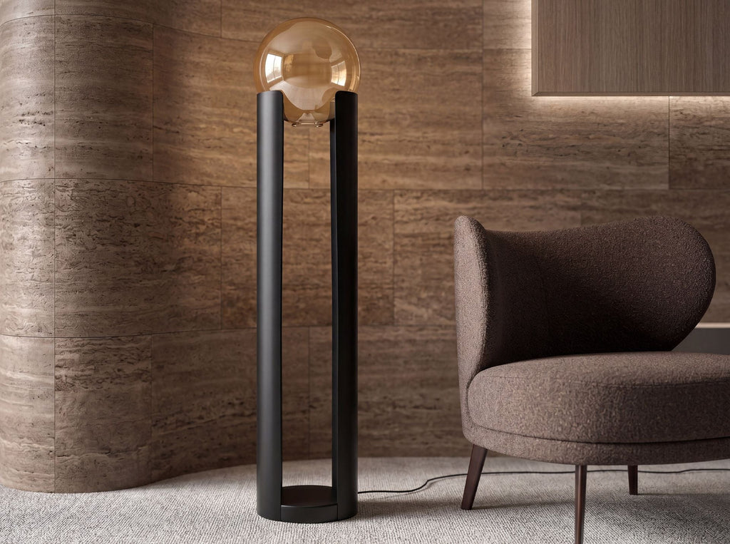 Amber Smoked Glass and Black Steel Floor Lamp