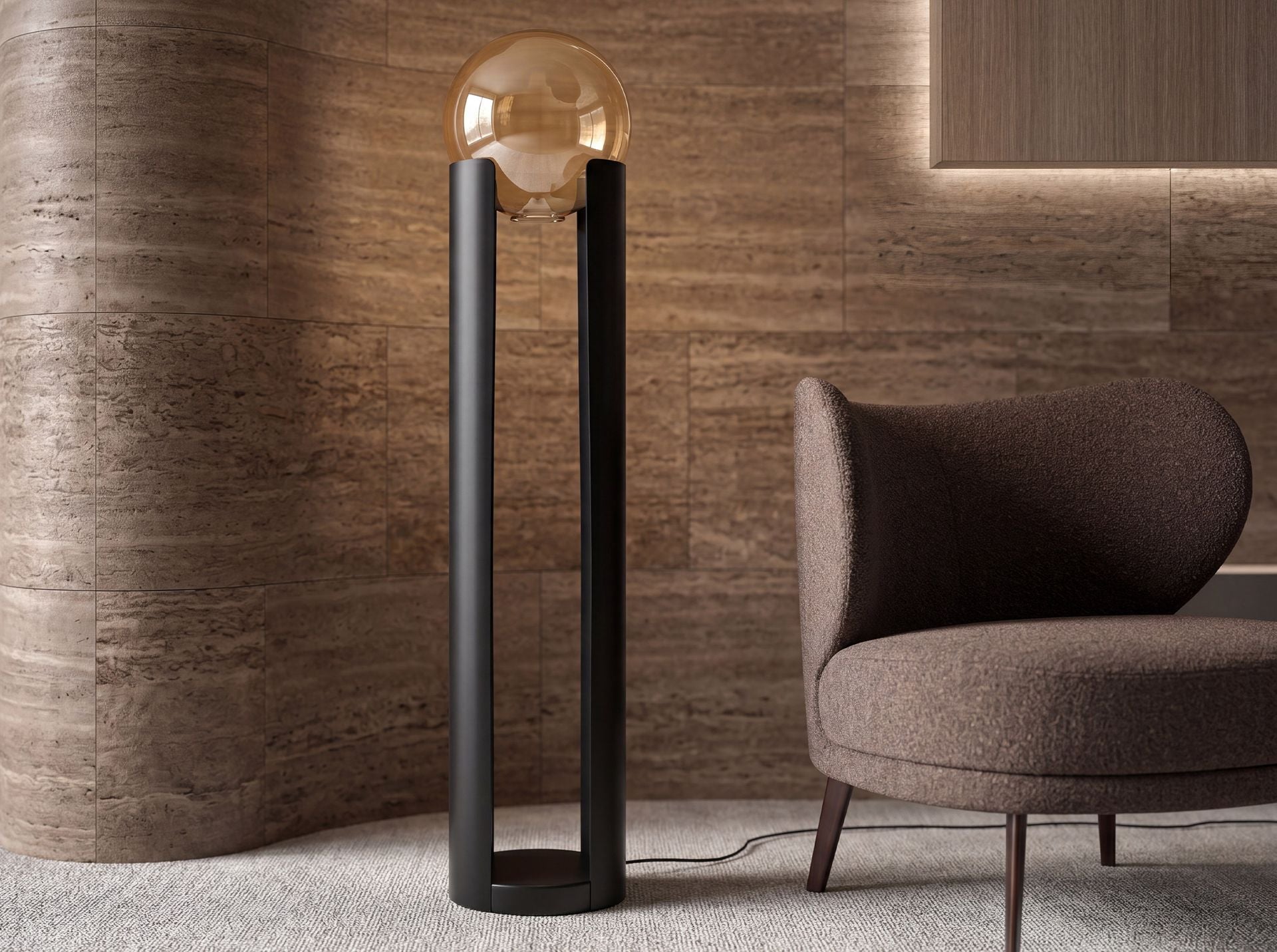 Amber Smoked Glass and Black Steel Floor Lamp