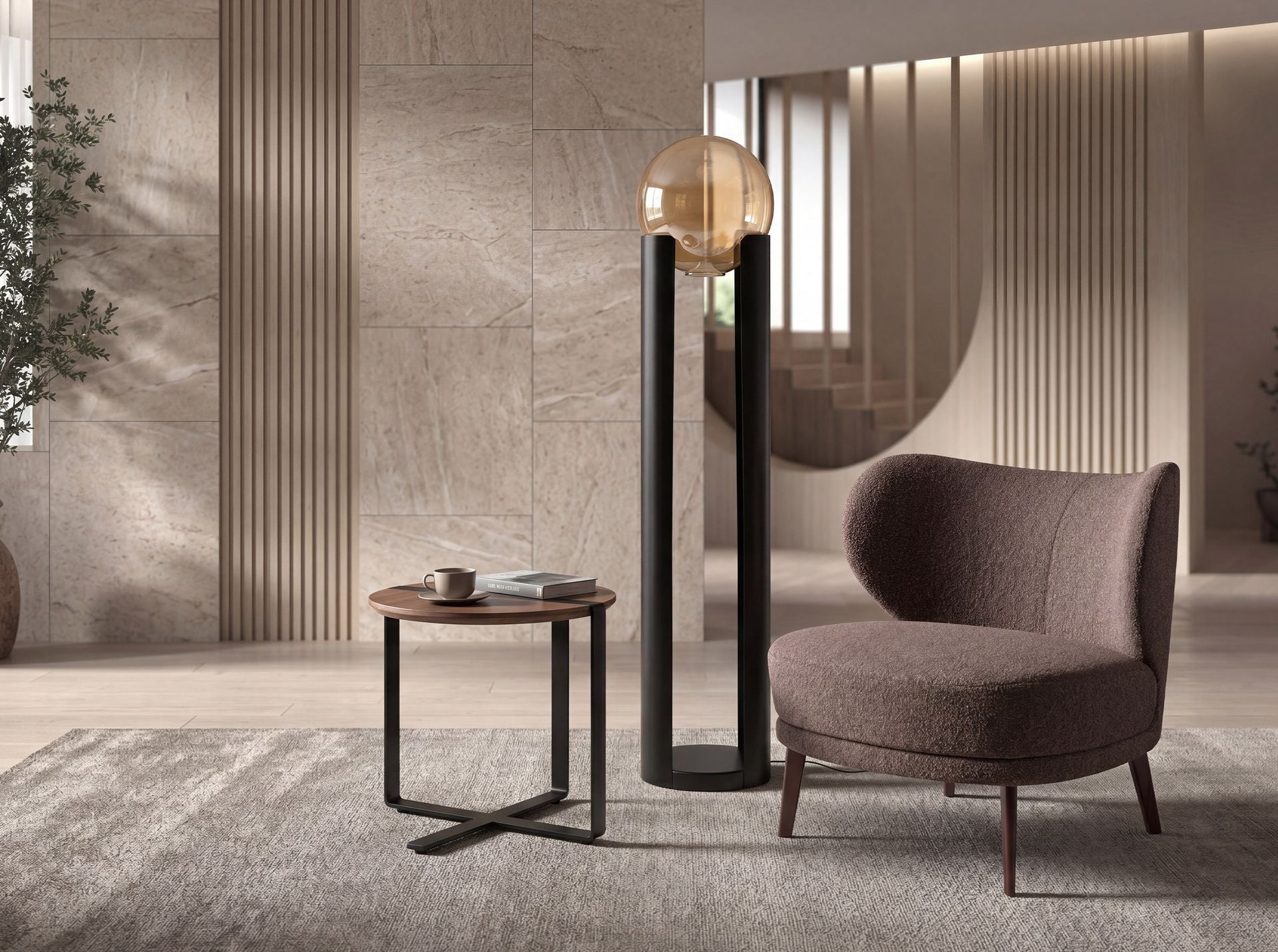 Amber Smoked Glass and Black Steel Floor Lamp