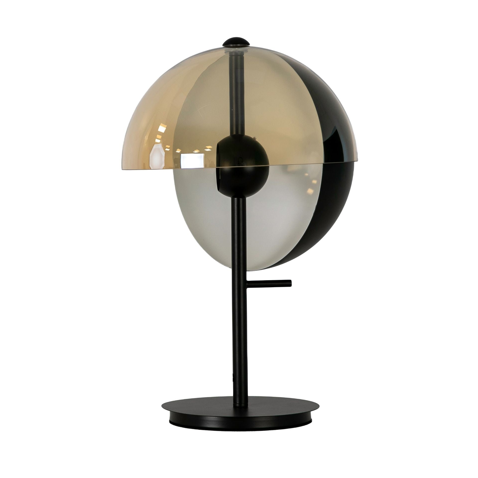 Lampada da tavolo in vetro fumé ambrato e acciaio nero e bianco con base in acciaio nero