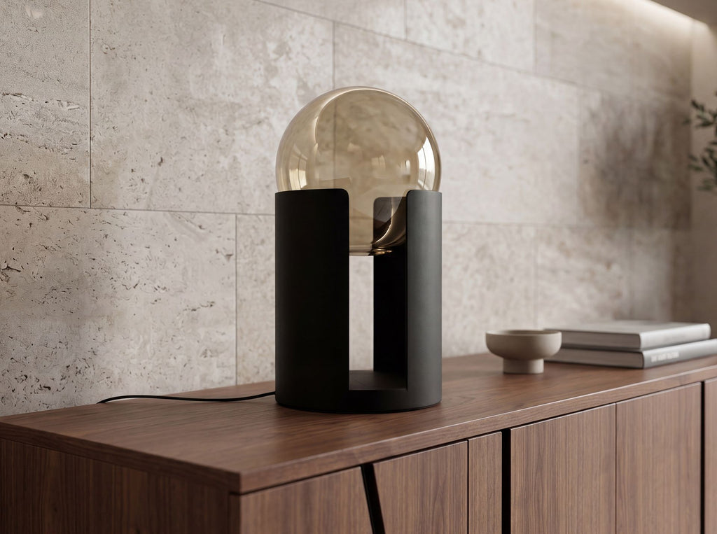 Amber smoked glass and black steel table lamp
