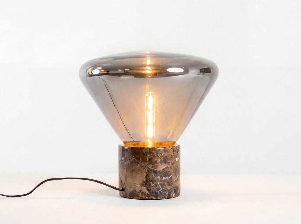 Grey smoked glass and porcelain marble mirror effect table lamp