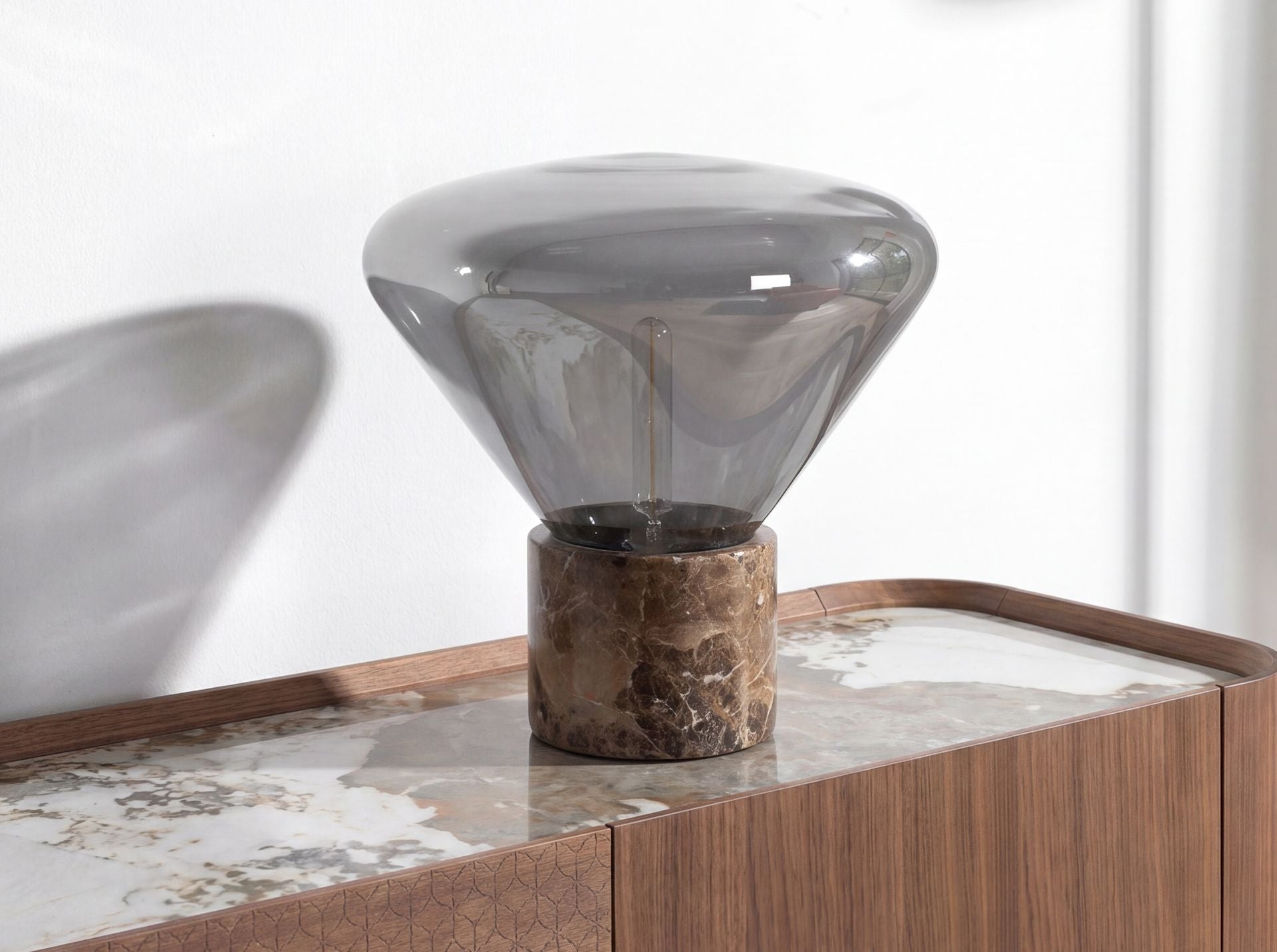Grey smoked glass and porcelain marble mirror effect table lamp