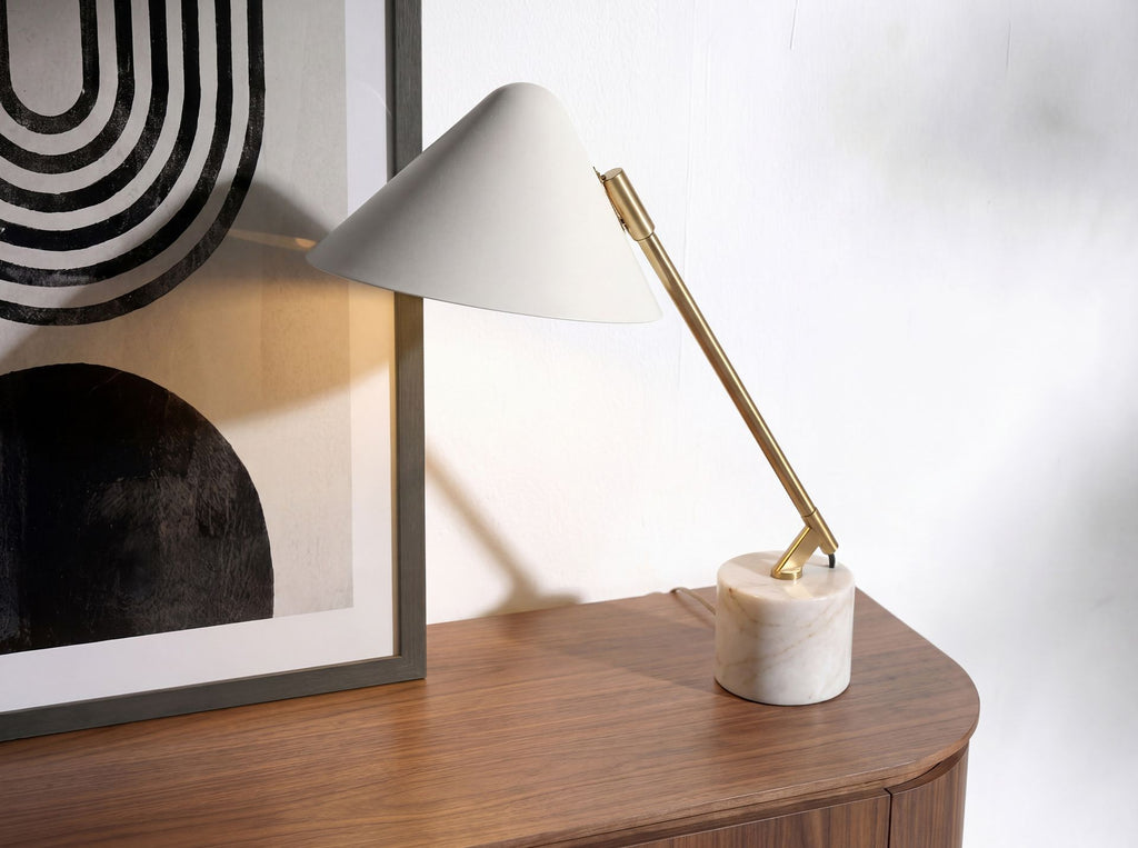White steel and polished gold steel table lamp with porcelain marble base