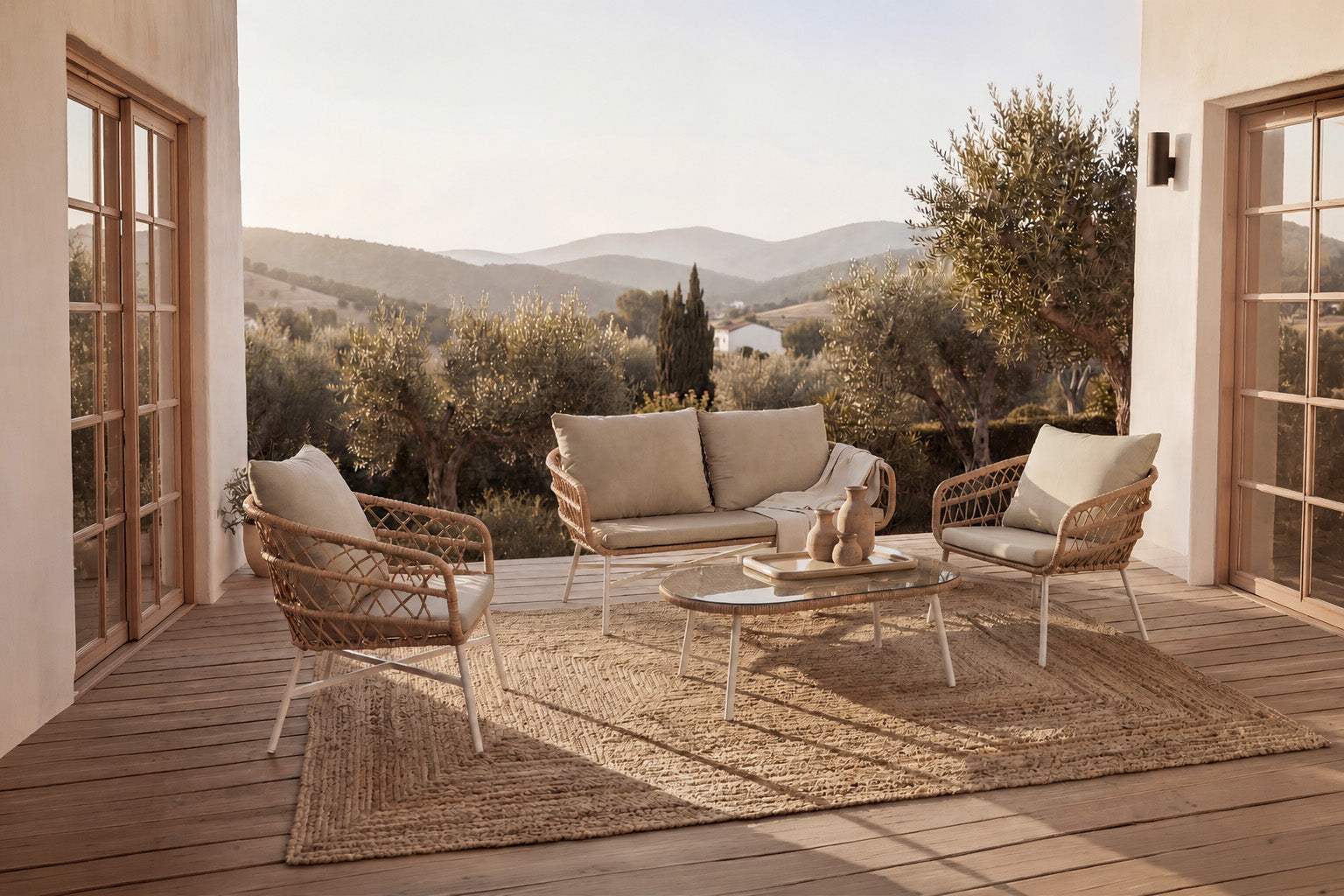 Set da giardino PERUGIA – divano, 2 poltrone e tavolino
