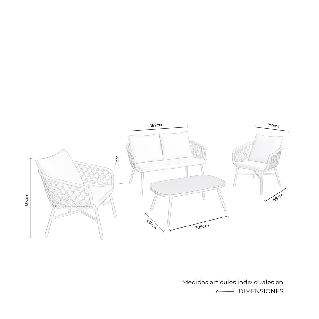 Set da giardino PERUGIA – divano, 2 poltrone e tavolino