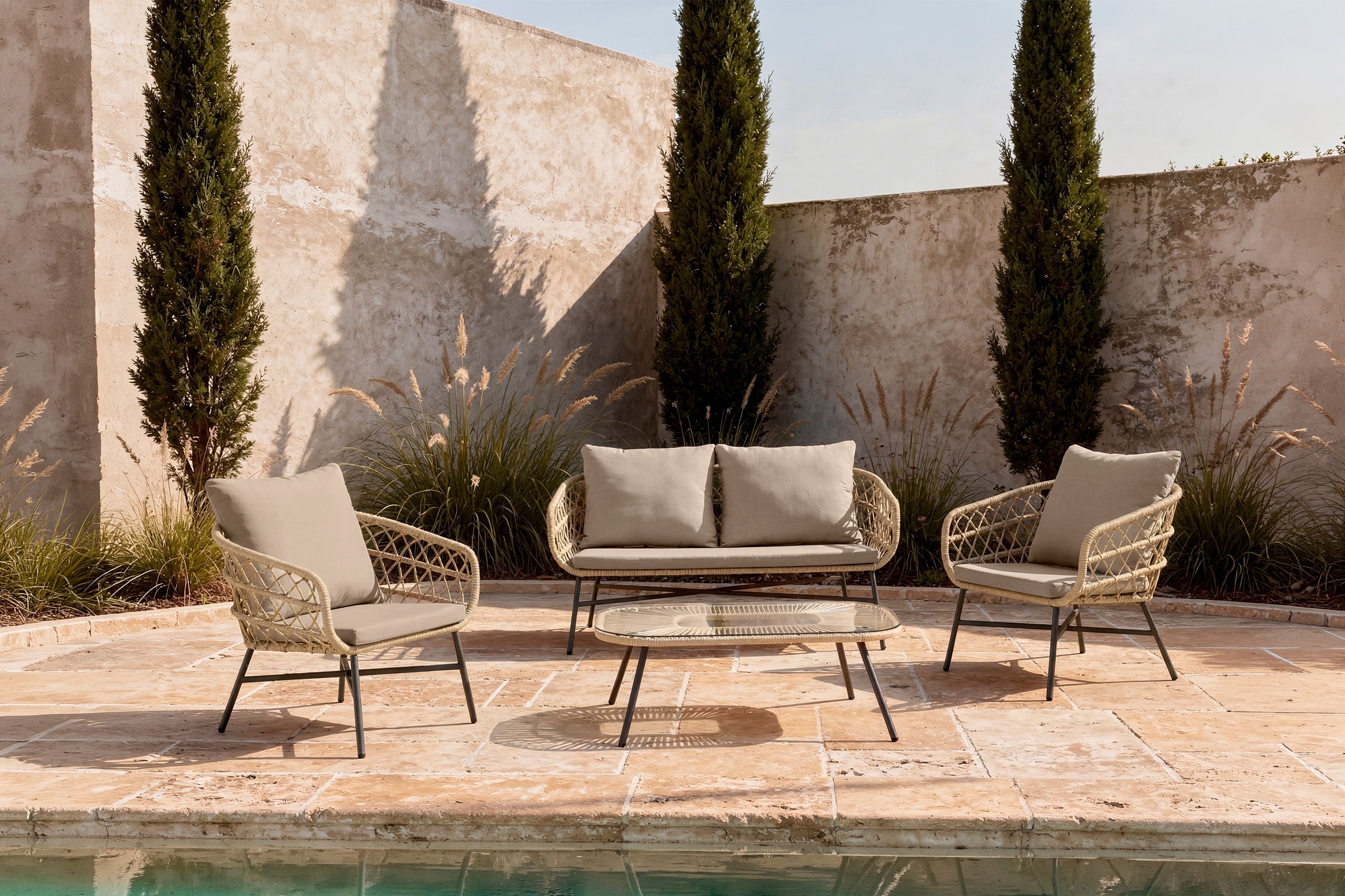 Set da giardino PERUGIA – divano, 2 poltrone e tavolino